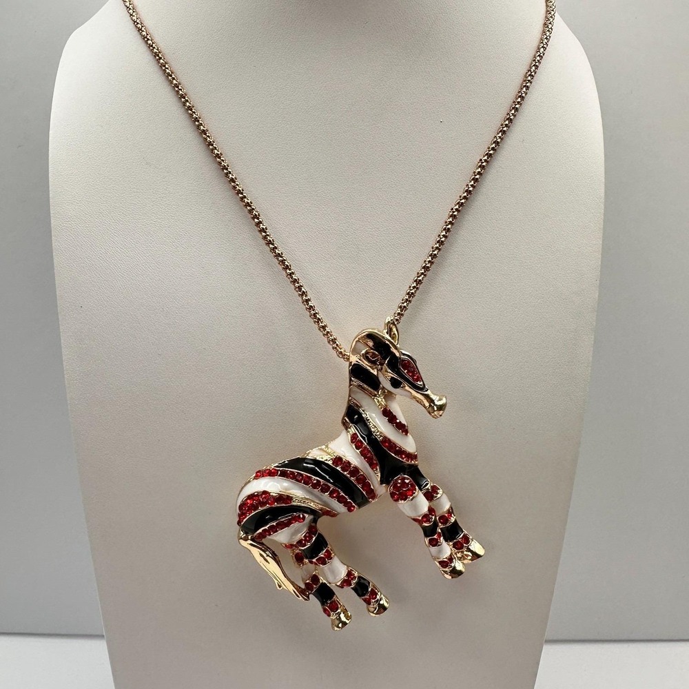 Vintage 90s Betsey Johnson Zebra Pendant Necklace Red Rhinestone Fashion Jewelry - Picture 3 of 13
